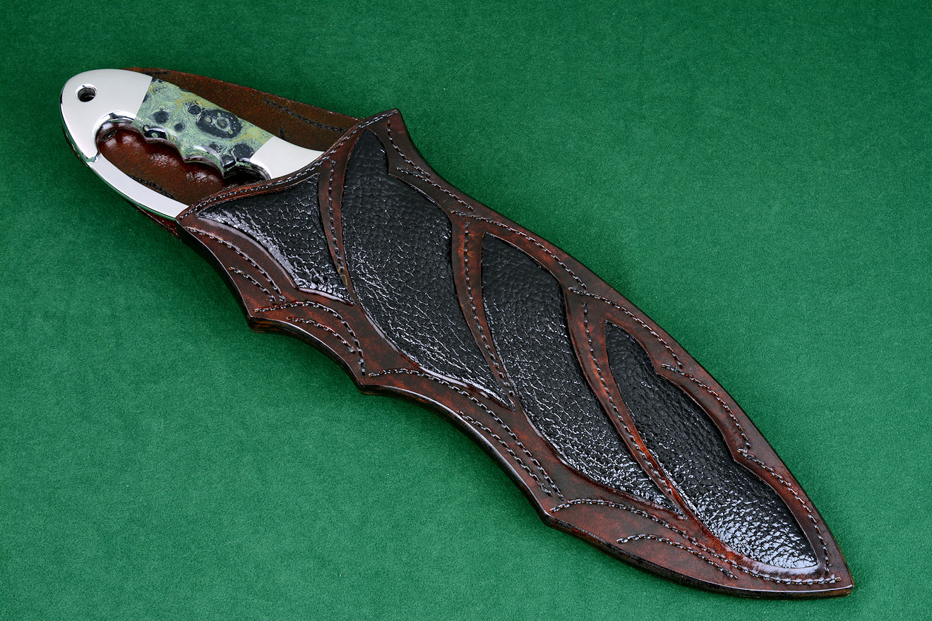 "Ananke" sheathed view. Fine handmade sheath inlaid with buffalo skin in leathe shoulder, plentiful artistic hand stitching throughout