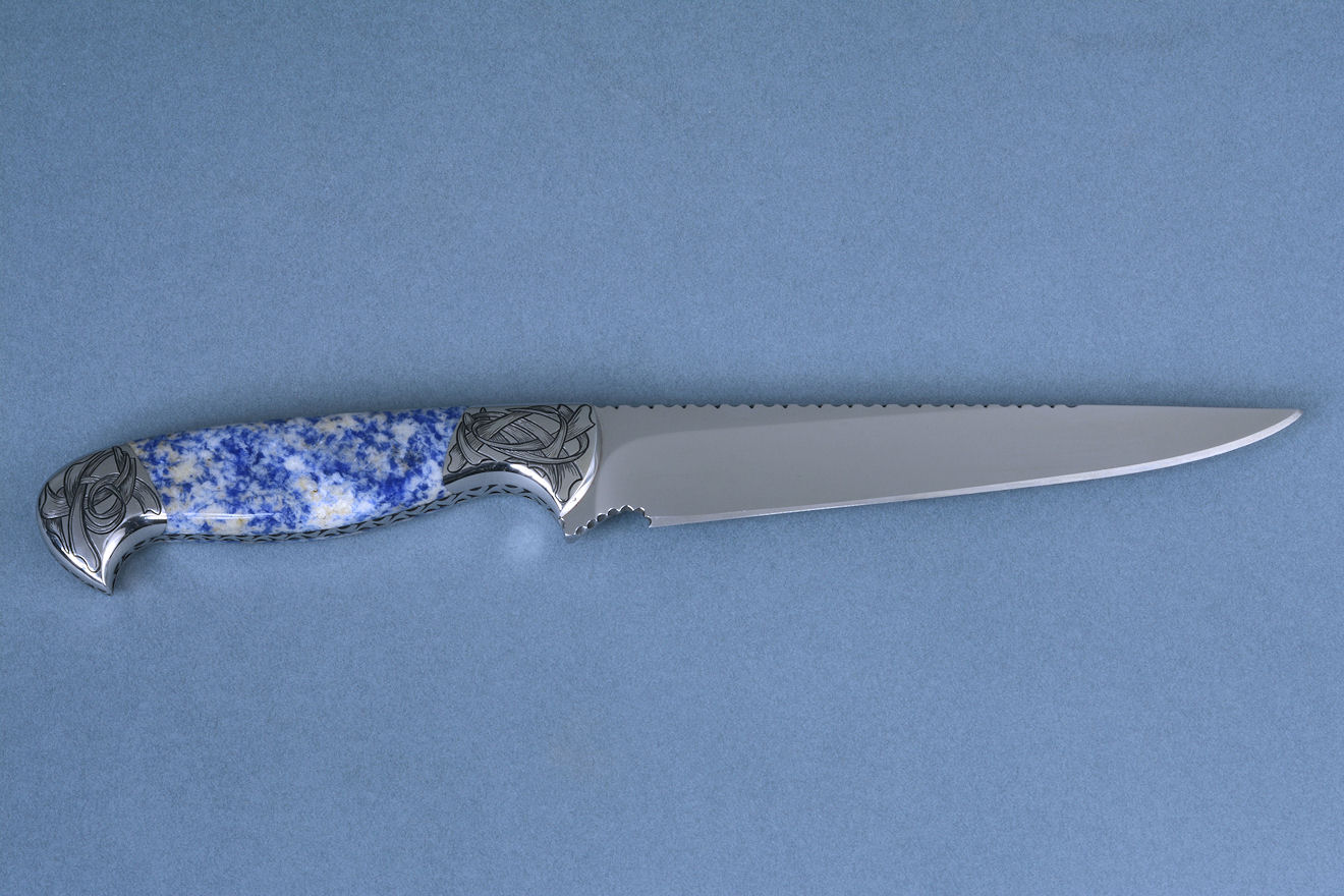 "Antheia" boning, carving, trimming, knife "Eridanus" in mirror polished 440C high chromium stainless steel blade, hand-engraved 304 stainless steel bolsters, blue willow sodalite gemstone handle