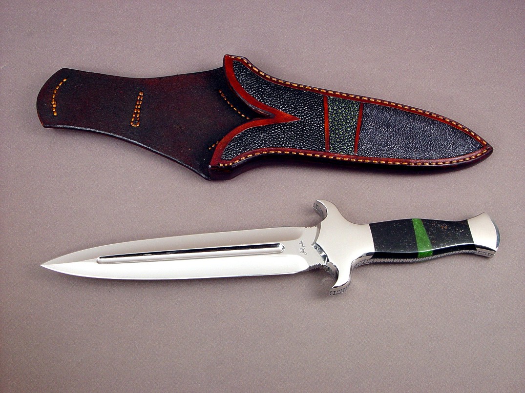"Charax" dagger in ATS-34 high molybdenum stainless steel blade, 304 stainless steel bolsters, Australian Black Jade, California Jade gemstone handle, stingray skin inlaid in hand-carved leather sheath