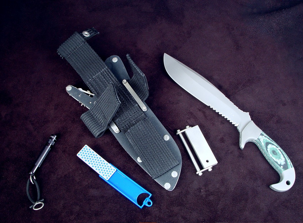 "Imamu" with full knife sheath belt loop extender accessory package including diamond pad sharpener, magnesium/firesteel fire starter, Maglite solitaire flashlight "Imamu" with full knife sheath belt loop extender accessory package including diamond pad sharpener, magnesium/firesteel fire starter, Maglite solitaire flashlight