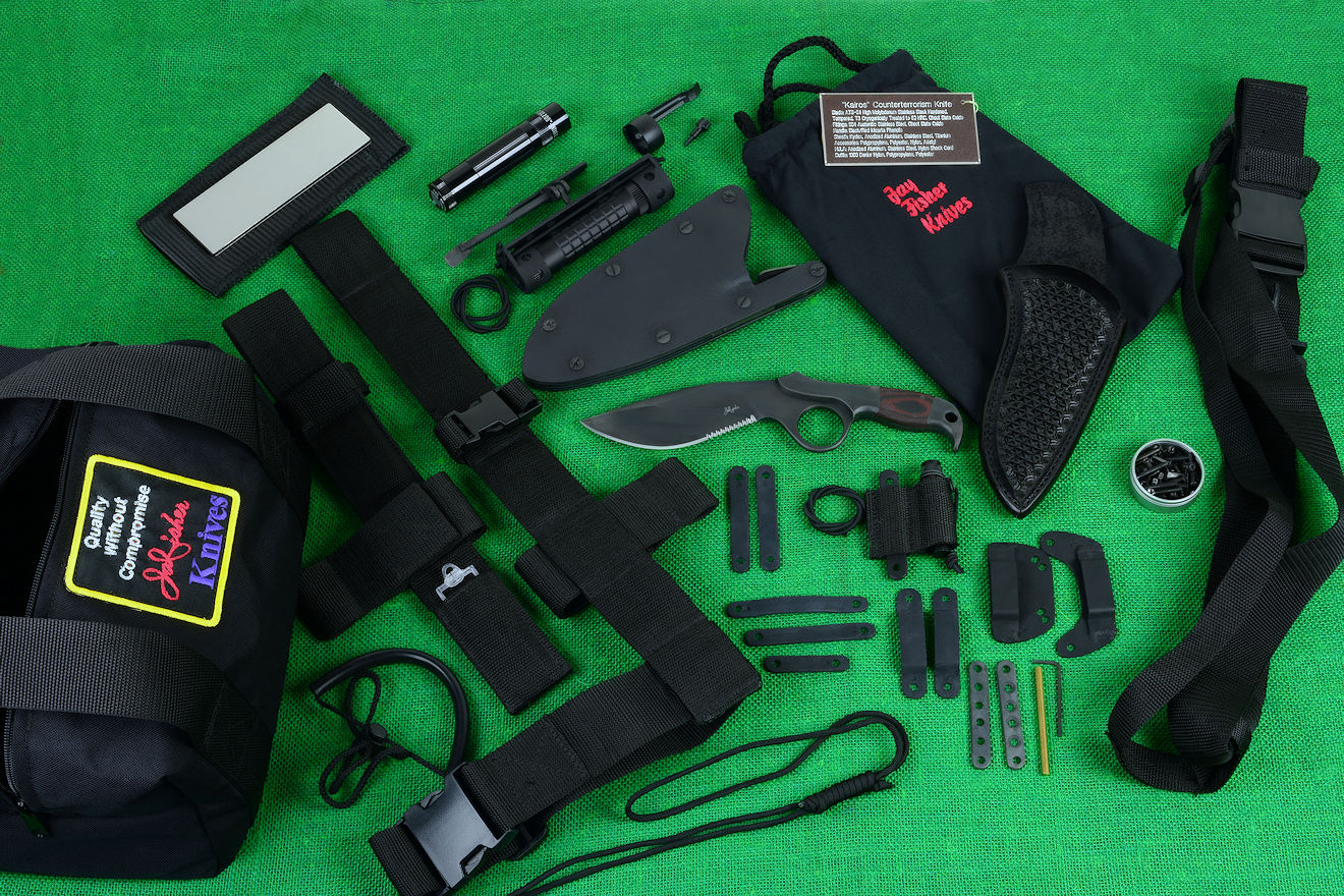 "Kairos" counterterrorism tactical knife kit, complete, with UBLX, EXBLX, HULA, LIMA, diamond sharpener, leather sheath, sternum harness, lanyards, staps, clamps, hardware, and heavy ballistic nylon duffle "Kairos" counterterrorism tactical knife kit, complete, with UBLX, EXBLX, HULA, LIMA, diamond sharpener, leather sheath, sternum harness, lanyards, staps, clamps, hardware, and heavy ballistic nylon duffle