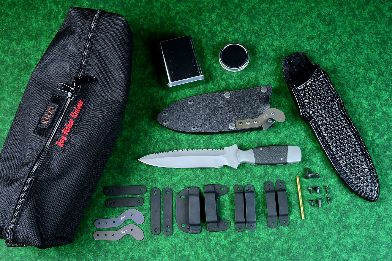 "Lynx" Custom tactical knife, obverse side view in T3 cryogenically treated ATS-34 high molybdenum martensitic stainless steel blade, 304 stainless steel bolsters, carbon fiber handle, hybrid tension tab-wedge sheath in kydex, anodized aluminum, anodized titanium, blackened stainless steel, basic accessory package, black basketweave leather sheath, hardware, fasteners, tools and storage "Lynx" Custom tactical knife, obverse side view in T3 cryogenically treated ATS-34 high molybdenum martensitic stainless steel blade, 304 stainless steel bolsters, carbon fiber handle, hybrid tension tab-wedge sheath in kydex, anodized aluminum, anodized titanium, blackened stainless steel, basic accessory package, black basketweave leather sheath, hardware, fasteners, tools and storage