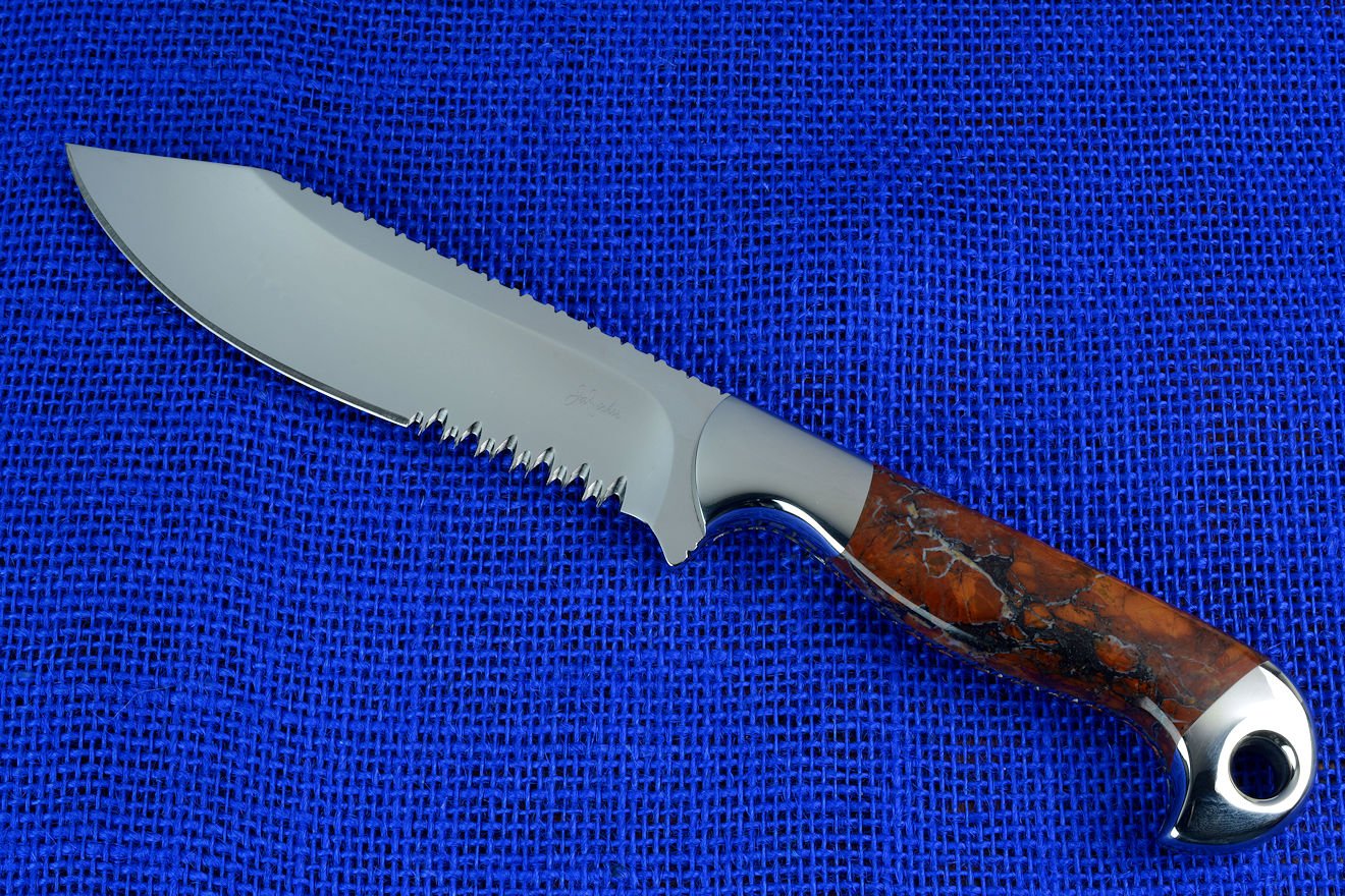 "Mariner" Sailor's Knife with "Seahawk" marlinspike, obverse side view in 440C high chromium martensitic stainless steel blade, T3 cyrogenic treatment, 304 stainless steel bolsters, Stone Canyon Jasper gemstone handle, hand-carved leather sheath inlaid with shark skin "Mariner" Sailor's Knife with "Seahawk" marlinspike, obverse side view in 440C high chromium martensitic stainless steel blade, T3 cyrogenic treatment, 304 stainless steel bolsters, Stone Canyon Jasper gemstone handle, hand-carved leather sheath inlaid with shark skin