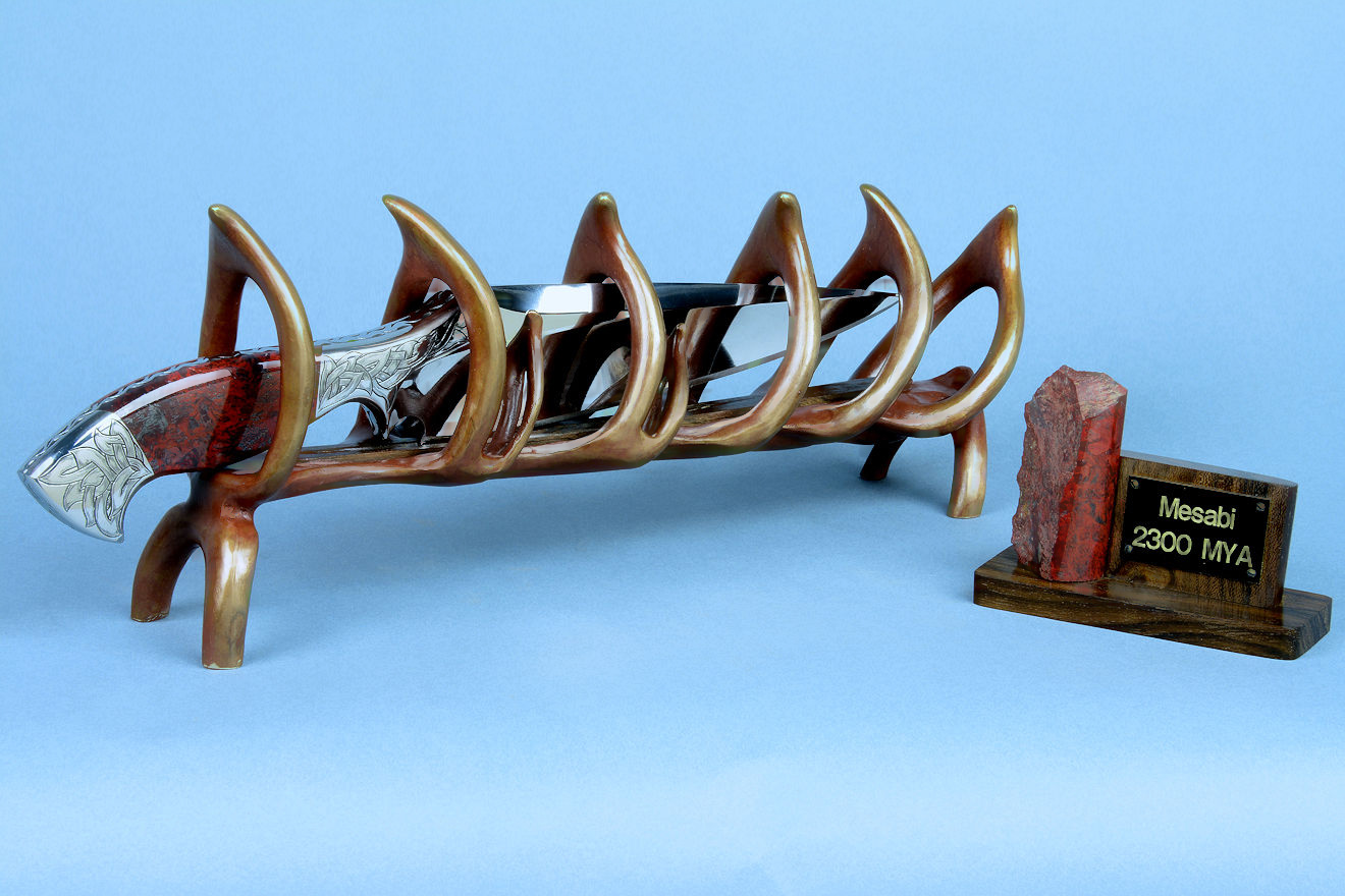 "Mesabi" custom knife sculpture in hand-cast bronze, 440C high chromium stainless steel blade, 304 hand-engraved stainless steel bolsters, Fossilized Stromatolite Chert gemstone