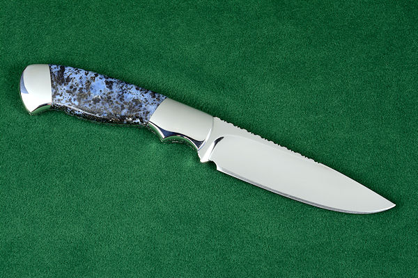 "Zosma" reverse side view in T3 deep cryogenically treated 440C high chromium martensitic stainless steel blade, 304 stainless steel bolsters, Texas Moss Agate gemstone handle, sheath in leather shoulder inlaid with frog skin, nylon stitching