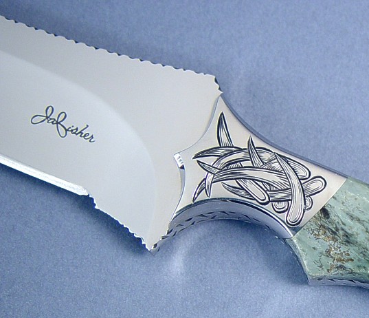 Maker's mark in nicely hollow ground Persian dagger with stainless engraved bolsters and jade gemstone handle