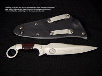 "Bulldog" Tactical combat knife obverse side view in etched 440C high chromium stainless steel blade, 304 stainless steel bolsters, Madagascar Rosewood hardwood handle, tension fit kydex, aluminum, steel sheath