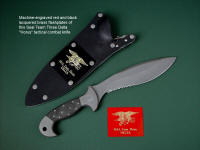 "Horus" obverse side view in ATS-34 high molydenum stainless steel blade, 304 stainless steel bolsters, engraved, Micarta phenolic handle, locking kydex, aluminum, stainless steel sheath with black lacquered brass engraved flashplate.