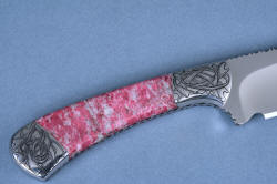 "Antheia" "Cygnus" reverse side handle detail. Gemstone is striking in thulite and calcite, all surfaces rounded, contoured, finished and smooth
