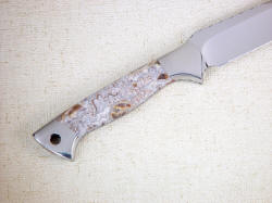 "Argyre" handmade tactical knife, reverse side handle detail. Lace agate is hard and polished, bolsters are tough 304 stainless steel.