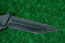 "Ari B'Lilah" Counterterrorism Tactical Knife, reverse side blade detail, in T3 cryogenically treated CPM 154CM powder metal technology high molybdenum martensitic stainless steel blade, 304 stainless steel bolsters, Black/Red G10 fiberglass/epoxy composite handle, hybrid tension tab-locking sheath in kydex, anodized aluminum, stainless steel, titanium