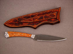 "Blackwater" utility knife, reverse side view. Stabilized redwood burl is pressure treated for long term stability and moisture resistance