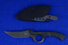 "Celeri" Tactical Combat/Counterterrorism Knife, obverse side view in shadow line CPM154CM cryogenically treated powder metal technology high molybdenum stainless steel blade, 304 stainless steel bolsters, carbon fiber handle, hybrid tension-locking sheath in kydex, anodized aluminum, stainless steel, and titanium