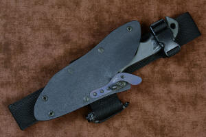 "Contego" Counterterrorism Tactical Knife, sheathed view with UBLX mounted, in T3 cryogenically treated CPM154CM  powder metal technology high molybdenum martensitic stainless steel blade, 304 stainless steel bolsters, Black/Gray G10 fiberglass/epoxy composite handle, hybrid tension tab-locking sheath in kydex, anodized aluminum, stainless steel, titanium