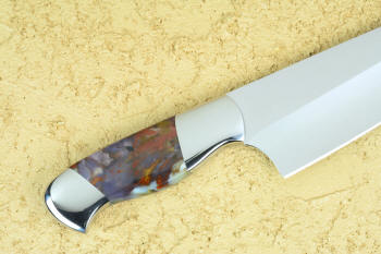 "Corvus," reverse side handle view in ATS-34 high molybdenum martensitic stainless steel blade, T3 Cryogenically treated, 304 stainless steel bolsters, Majestic Agate gemstone handle, silicone prise