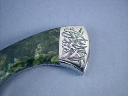 "Desert Wind" obverse side rear bolster engraving detail. Bolsters are wide, balancing blade weight perfectly.