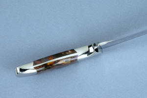 "Falcate" chefs, carving, utility knife, inside handle tang view in T3 cryogenically treated ATS-34 high molybdenum martensitic stainless steel blade, 304 stainless steel bolsters, Majestic Agate gemstone handle
