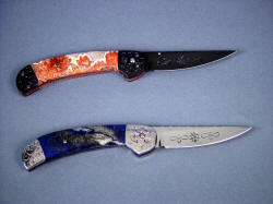 "Geminis" reverse side view. Contrasting crazy lace agate and lapis gemstone make striking handles.