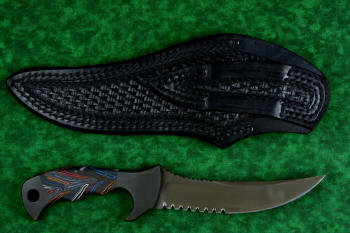 "Ghroth" tactical, counterterrorism, survival knife, reverse side view in T4 cryogenically treated CPM154 CM powder metal technology high molybdenum stainless steel blade, 304 stainless steel bolsters, multicolored G10 fiberglass/epoxy composite laminate handle, heavy 9-10 oz leather shoulder sheath with nylon stitching and black oxide stainless steel reinforcements