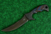 "Ghroth" tactical, counterterrorism, survival knife, obverse side view in T4 cryogenically treated CPM154 CM powder metal technology high molybdenum stainless steel blade, 304 stainless steel bolsters, multicolored G10 fiberglass/epoxy composite laminate handle, positively locking sheath in kydex, anodized aluminum, anodized titanium, black oxide stainless steel