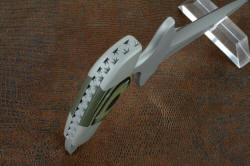 "Guardian" Custom Counterterrorism Combat Push/Punch Dagger, spine handle detail. Filework is handmade and bold, signfying unique creation. Bolsters are dovetailed to lock handle scales to tang.