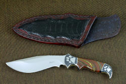 "Hooded Warrior" obverse side view, shown with collector's display sheath in ostrich leg skin inlay in burgundy leather