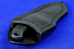"Krag" tactical, counterterrorism professional knife, sheath mouth view. Sheath has very thick, supportive, and strong welts, double-row stitched with heavy nylon