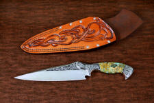 "Malaka" fine custom handmade knife in hand-engraved CPM 154CM powder metal technology stainless steel, T4 deep cryogenically treated, bolsters of hand-engraved 304 stainless steel, Plasma agate and Nephrite Jade gemstone handle, hand-carved leather crossdraw sheath with stainless steel hardware