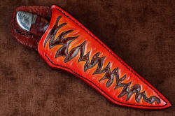 "Nishi" sheathed view. Sheath is fully tooled, hand-carved and hand-dyed to match design motif