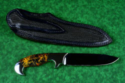 "Quetzal" (without reflector above), reverse side view, in deep cryogencially treated, hot blued O1 high carbon tungsten-vanadium tool steel blade, 304 stainless steel bolsters, Pilbara Picasso Jasper and Red River Jasper gemstone handle, hand-carved leather sheath inlaid with shark skin