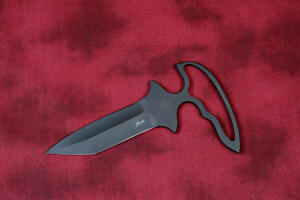 "Shrike" Tactical, Utility Push-Punch dagger/knife obverse side view blade detail, in T3 cryogencially treated ATS-34 high molybdenum martensitic stainless steel blade, positive snap-lock leather sheath, envelope lined storage bag