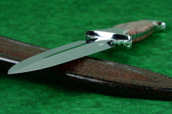 "Streamspear" dagger, blade point and edge detail. Thin, accurately hollow ground point on this spear-bladed dagger
