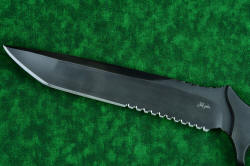 "Taranis" professional grade tactical, counterterrorism, rescue knife, obverse side blade detail. Deep hollow grinds and long swage offer an aggressive, strong point for penetration