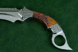 "Titan" karambits, fine handmade custom knives, obverse side handle bolster engraving detail from early bronze age of China