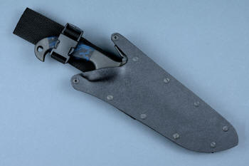 "Utamu" Custom Crossover, Survival, Tactial knife, mounted UBLX view in T4 cryogenically treated CPM 154CM powder metal high molybdenum martensitic stainless steel blade, 304 stainless steel bolsters, blue/black G10 compos000ite handle, positively locking sheath of kydex, anodized aluminum, black oxide stainless steel, anodized titanium