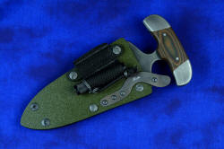 "Vindicator" tactical counterterrorism push/punch dagger, obverse side view in "Shadow" line ATS-34 high molybdenum stainless steel blade, 304 stainless steel bolsters, black/gold G10 fiberglass/epoxy laminate composite handle, hybrid tension-locking sheaths in Coyote and Olive drab, heavy duty leather double-tab stainless snap locking leather sheath in bison-dyed basketweave leather