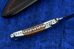 "Yarden" inside handle tang view. Bolsters are dovetailed and lock handle scales to tang, all surfaces rounded, contoured, polished and smoothed for comfort.