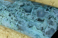 10 power magnification of Horse Canyon Plume Agate shows intense mossy forms and crystal pockets