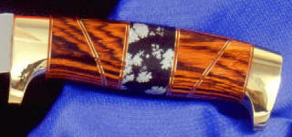 Snowflake Obsidian on hidden tang knife handle with kingood and brass