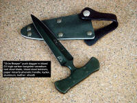 "Grim Reaper" push dagger in bead blasted, hot blued O-1 high carbon tungsten-vanadium tool steel blade, carbon steel bolsters, canvas micarta handle, kydex, aluminum sheath