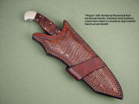 "Alegre" in Honduras Rosewood Burl hardwood handle, stainless bolsters, crossdraw style leather sheath, hand-carved, inlaid with brown lizard skin