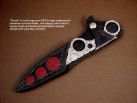 "Shank" in hand-engraved ATS-34 high molybdenum stainless steel blade, red stingray skin inlaid in hand carved leather shoulder