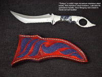 "Tethys" tactical knife, obverse side view in 440C high chromium stainless steel blade, 304 stainless steel bolsters, Labradorite gemstone handle, blue stingray skin inlaid in hand-carved leather sheath